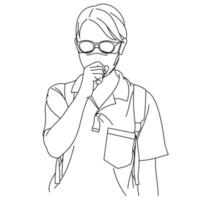 Illustration line drawing of a young woman feeling unwell and coughing as symptom for cold, shortness of breath, pain throat or bronchitis. A female coughing into his fist isolated on a white vector