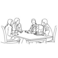 Illustration of line drawing a employee or business team discussing a strategy of their company with leaders in the office. Group of business people sitting and discussing in groups in the office vector