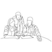 Illustration of line drawing a employee or business team discussing a strategy of their company with leaders in the office. Group of business people sitting and discussing in groups in the office vector