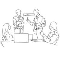 ilustración del dibujo de líneas de un empleado o equipo de negocios discutiendo una estrategia de su empresa con líderes en la oficina. grupo de empresarios sentados y discutiendo en grupos en la oficina vector