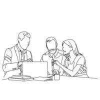 Illustration of line drawing a employee or business team discussing a strategy of their company with leaders in the office. Group of business people sitting and discussing in groups in the office vector