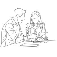 Illustration of line drawing a employee or business team discussing a strategy of their company with leaders in the office. Group of business people sitting and discussing in groups in the office vector