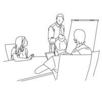 Illustration of line drawing a employee or business team discussing a strategy of their company with leaders in the office. Group of business people sitting and discussing in groups in the office vector