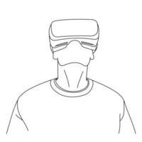 Illustration line drawings of a young man using Virtual Reality glasses while playing a game. Head position looked up while wearing virtual reality helmet. Wearing VR isolated on white background vector