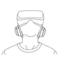 Illustration line drawings of a young man using Virtual Reality glasses while playing a game. Head position looked up while wearing virtual reality helmet. Wearing VR isolated on white background vector