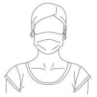 Illustration line drawing of a young woman sick wearing medical face masks to protect from diseases, air pollution, coronavirus, sars, germ, flu or mers-cov. Girl with face masks looking at the camera vector