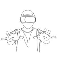 Illustration line drawings a young man uses Virtual Reality glasses when playing games. Pretending to touch button while wearing virtual reality helmet. Wearing VR glasses isolated on white background vector