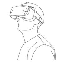 dibujos de líneas ilustrativas de un joven que usa gafas de realidad virtual mientras juega un juego. la posición de la cabeza miró hacia arriba mientras usaba un casco de realidad virtual. usando vr aislado sobre fondo blanco vector