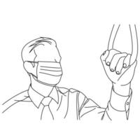 Illustration line drawing of a young man sick wearing medical face masks to protect from diseases, air pollution, coronavirus, sars, germ, flu or mers-cov. Girl with face masks looking at the camera vector