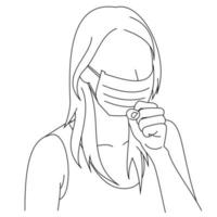 Illustration line drawing of a young woman feeling unwell and coughing as symptom for cold, shortness of breath, pain throat or bronchitis. A female coughing into his fist isolated on a white vector