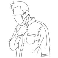 Illustration line drawing of a young man feeling unwell and coughing as symptom for cold, shortness of breath, pain throat or bronchitis. A male coughing into his fist isolated on a white vector