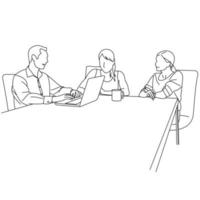 Illustration of line drawing a employee or business team discussing a strategy of their company with leaders in the office. Group of business people sitting and discussing in groups in the office vector