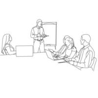 Illustration of line drawing a employee or business team discussing a strategy of their company with leaders in the office. Group of business people sitting and discussing in groups in the office vector