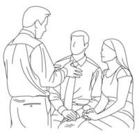 Illustration of line drawing a employee or business team discussing a strategy of their company with leaders in the office. Group of business people sitting and discussing in groups in the office vector