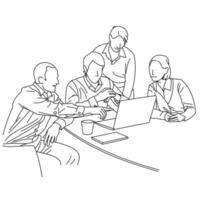 ilustración del dibujo de líneas de un empleado o equipo de negocios discutiendo una estrategia de su empresa con líderes en la oficina. grupo de empresarios sentados y discutiendo en grupos en la oficina vector