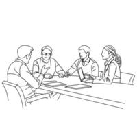 Illustration of line drawing a employee or business team discussing a strategy of their company with leaders in the office. Group of business people sitting and discussing in groups in the office vector