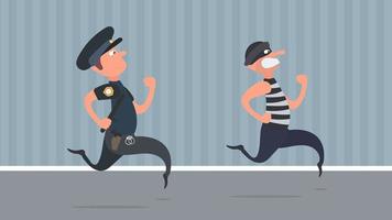 A policeman runs after a thief. The criminal escapes from the policeman. Cartoon style. Vector. vector