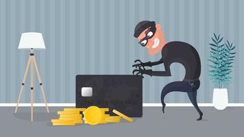 The robber steals a bank card. The thief is trying to steal a bank card. Good for the topic of security, robbery, scam and fraud. Vector. vector