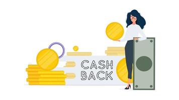 The girl is holding a dollar. Cashback lettering isolated on white background. Golden coins. Composition on the theme of money back and cashback. Vector. vector