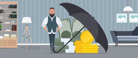 Businessman under the umbrella. Business conservation concept. Business is protected from risks. Vector. vector
