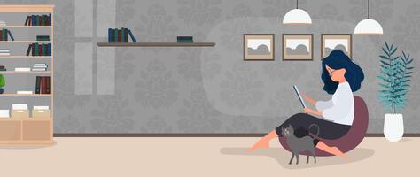 The girl sits on an ottoman and works at a laptop. A woman with a laptop sits on a large pouf. The cat rubs against the girl's leg. The concept of comfortable work in the office or at home. . vector