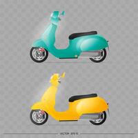 Realistic moped in the old style. Yellow and blue old scooter. Element for design of delivery. Transport. Vector illustration.