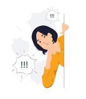 Woman holding chin and peeking behind the wall while startled, shocked, Surprised, curiosity, listening, discovery and Pay attention concept illustration vector