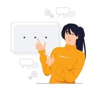 Beautiful woman showing and pointing fingers upper left corner with happy expression advices use this copy space wisely concept illustration vector