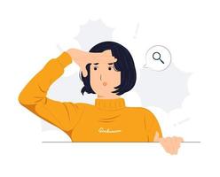 Curious woman looking far away with hand over head, trying to see something, bad vision, searching, holding palm on forehead and gasping. surprised, and amazed concept illustration vector