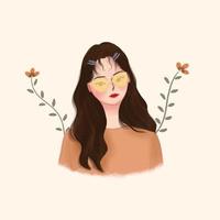 hermosa niña dibujada a mano ilustración vectorial con moda marrón y flor vector