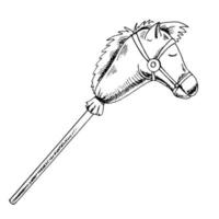 A hand-drawn ink sketch of a vintage hobby horse. Retro toy. Outline on a white background, vintage vector illustration.   Vintage sketch element for labels, packaging and cards design.