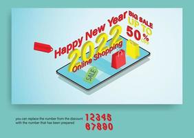 Happy New year 2022, big sale web banner template with phone isomatric flat theme design. Vector illustration