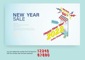 Happy New year 2022, big sale web banner template with phone isomatric flat theme design. Vector illustration