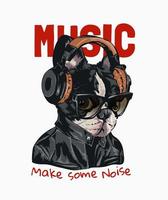 music slogan with dog in sunglasses wearing headphone illustration vector