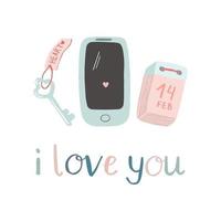 Set of romantic illustrations of vintage key, cell phone and calendar vector