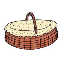 cesta de mimbre dibujada a mano aislada en un fondo blanco.cesta alta ovalada para un picnic, para recoger setas y bayas, para pascua, para unas vacaciones en la naturaleza,para animales.vector vector