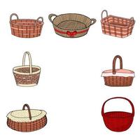 Set of wicker baskets.Contour drawing.Drawing with your hand using a line.Baskets for picnic, holiday, Easter, Pets.Vector vector