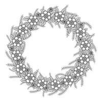 Round flower wreath.Drawing in the style of Doodle.Black and white image .Flower coloring.Round frame of flowers.Suitable for postcards and invitations.Vector vector