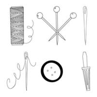 A set of sewing accessories in Doodle style.Outline drawing with a line.Needles, thread, pins.Coloring of sewing accessories.Women's hobby.Vector illustration