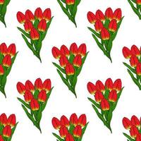 Seamless pattern with red tulips.Bouquet of red tulips on a white background.Bouquet for the holiday on March 8.International women day.Birthday.Spring flowers.Vector vector