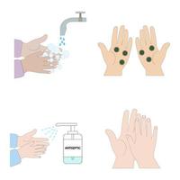 Set-instructions for washing hands.Clean hands, hands with virus, hands with foam, hands with antiseptic.Flat illustration.Vector image vector