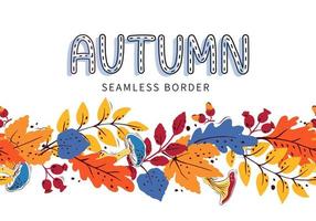 Vector autumn seamless brush pattern. Colorful banner with leaves, mushrooms and text. Isolated background.