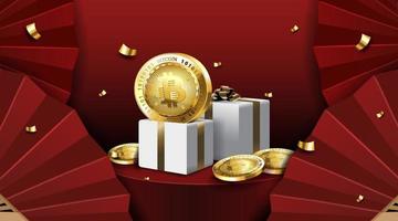 Gift box with bitcoin on red background. Surprise inside open money box with bitcoin. Cryptocurrency symbol. vector