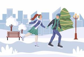 A young man and a woman skate in winter. A couple in love is having fun on a date. Flat vector illustration