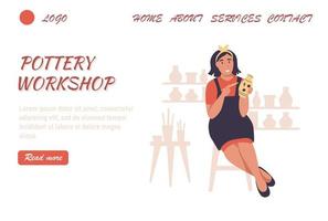 Pottery workshop landing page vector template. A young woman paints a vase in a pottery workshop. Flat vector illustration