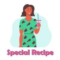 A young woman drinks a smoothie, fresh juice, a cocktail. The concept of proper nutrition, healthy lifestyle. Flat cartoon illustration. vector