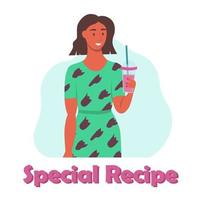 una mujer joven bebe un batido, jugo fresco, un coctel. el concepto de nutrición adecuada, estilo de vida saludable. Ilustración de dibujos animados plana. vector