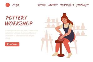 Pottery workshop landing page vector template. A young woman makes a jug on a potter's wheel. Flat vector illustration