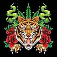 Angry tiger with cannabis flower illustration