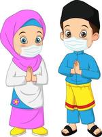 Happy muslim kid cartoon wearing face mask vector